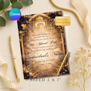Pode incluir: Um convite de casamento dourado e preto com detalhes florais e o texto "Shri Akhand Path". O convite mede 12,7 x 17,8 cm e inclui detalhes do evento. Uma caneta dourada e uma caneta branca são colocadas perto do convite.