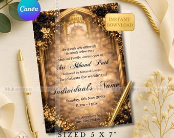 Luxe zwartgouden bloemen Akhand Path-uitnodiging, luxe sikh-huwelijkspaduitnodiging, Shri Sukhmani Sahib-pad WhatsApp-uitnodigingssjabloon