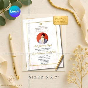 May include: A cream-colored invitation with gold accents, featuring a photo of a man in a turban. The text includes details for a memorial service, with the size noted as 5 x 7 inches. The design includes floral elements and a gold pen.
