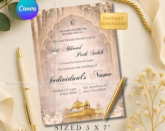 Neutrale Sikh Akhand Path uitnodigingssjabloon digitale Akhand Path bruiloft uitnodigingskaart champagne beige pad uitnodigen digitale download