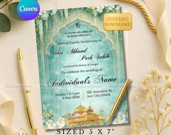 Teal Sikh Akhand pad uitnodiging sjabloon Canva bewerkbare Punjabi bruiloft uitnodigingskaart Aqua bloemen pad verjaardagsuitnodiging evite