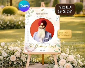 Sikh begrafenis welkomstbord 18 x 24 afdrukbare aquarel bloemen Memorial poster Punjabi Gurbani quote foto eerbetoon canvas sjabloon