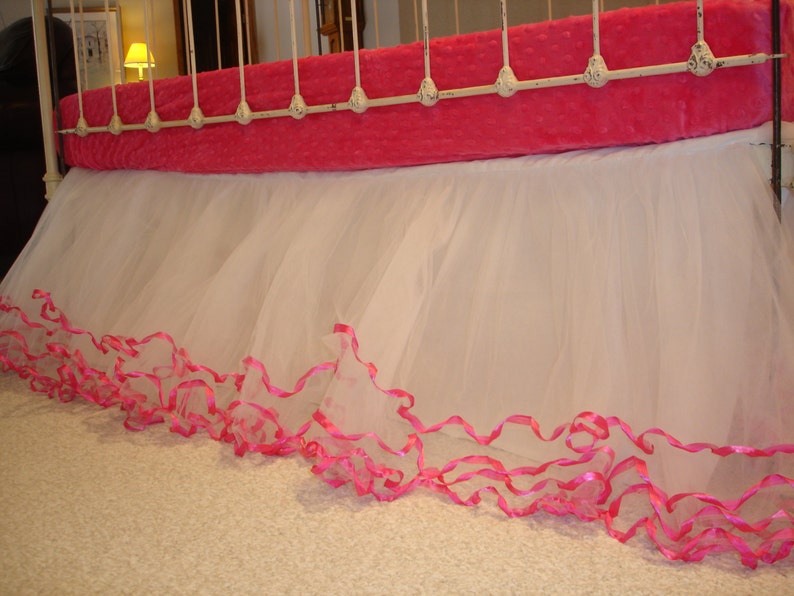 White Tulle Crib Skirt w/Pink Ribbon & Lining Etsy
