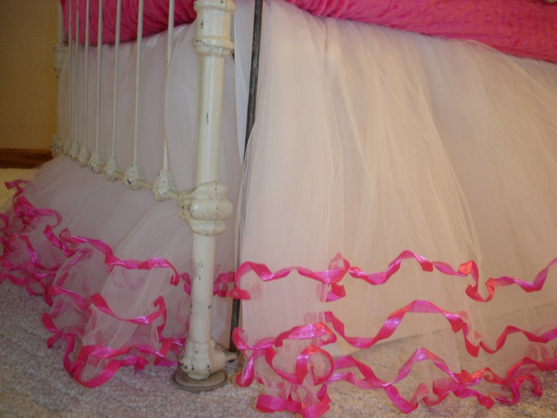 White Tulle Crib Skirt w/Pink Ribbon & Lining Etsy