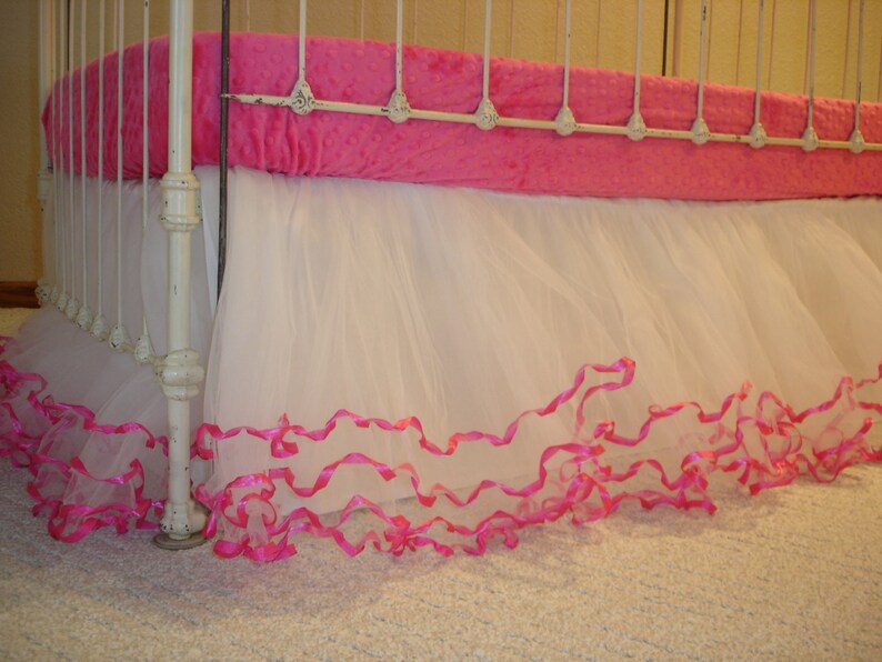 White Tulle Crib Skirt w/Pink Ribbon & Lining Etsy