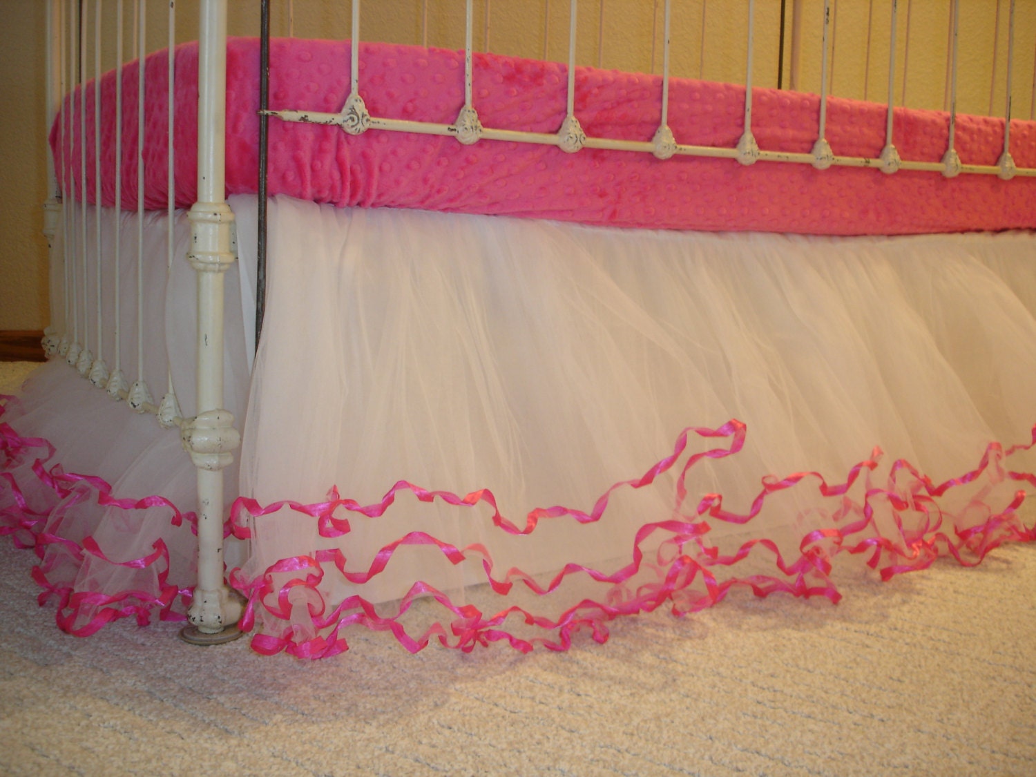 White Tulle Crib Skirt w/Pink Ribbon & Lining Etsy
