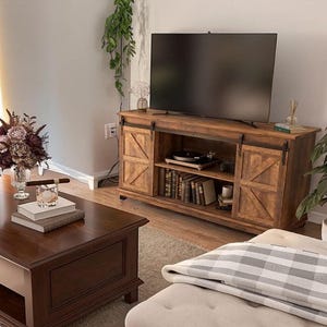 65 Inch TV Stand with Sliding Barn Doors, Storage Console, Mid Century Modern, White