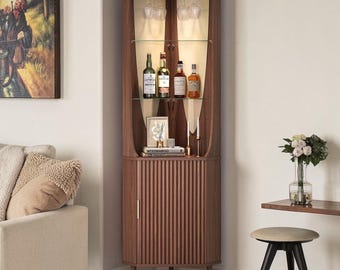 Corner Bar Cabinet Tall Fluted Wine Storage LED Light Glass Rack Walnut