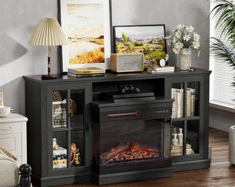Fireplace TV Stand for 65 Inch TV, Media Console with LED Flame, Black
