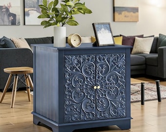Farmhouse End Table with Carved Door Adjustable Shelf Wooden Nightstand Cabinet