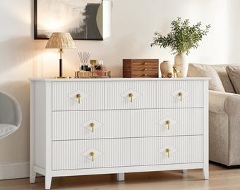 Fluted Dresser 7 Drawer Wide Storage Cabinet Modern Bedroom Chest White