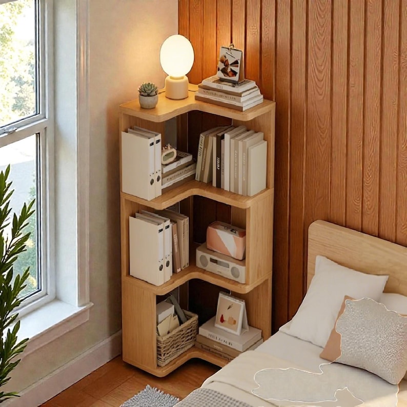 K&ouml;nnte beinhalten: Ein helles Eckregal aus Holz mit mehreren Regalb&ouml;den. Die Regalb&ouml;den sind mit B&uuml;chern, Ordnern und dekorativen Gegenst&auml;nden gef&uuml;llt, darunter eine kleine Lampe, eine Sukkulente und ein Radio. Das Regal befindet sich neben einem Fenster und einem Bett.
