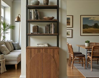 71 Inch Arched Bookcase Walnut Reeded Door Storage Tall Bookshelf Cabinet