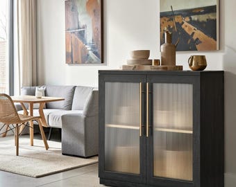 Black Wood Grain Modular Sideboard Acrylic Door Buffet Storage Credenza Cabinet