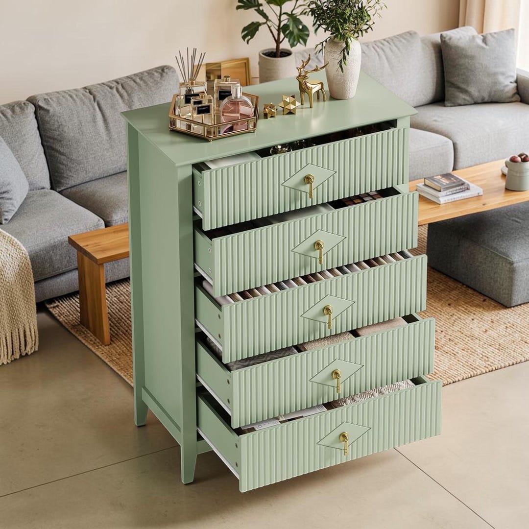 Fluted Dresser 5 Drawer Storage Cabinet Modern Bedroom Chest Wood ...