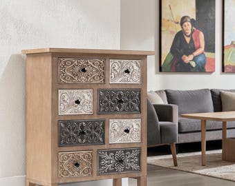 Vintage Accent Cabinet Hand Carved Drawers Rustic Boho Storage Chest Console Furniture Organizer