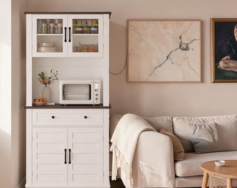 Farmhouse Coffee Bar Cabinet Pantry Hutch Microwave Storage Glass Display Organizer Furniture Console