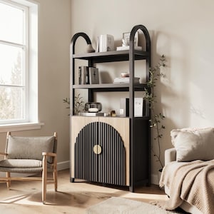 May include: A modern black and wood bookcase with arched top details. The cabinet doors have a vertical slat design with a gold-colored circular handle. The shelves hold books and decorative items. A chair and sofa are in the background.