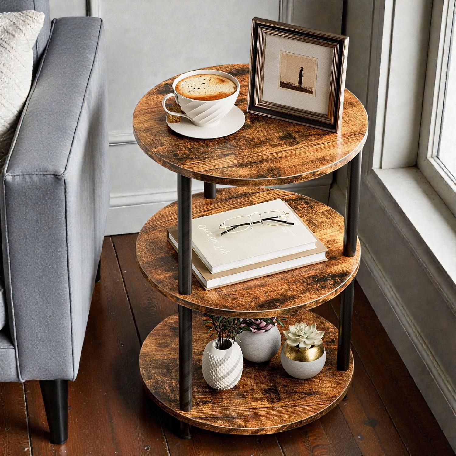 Homelox Industrial Round Side Table – Solid Mango Wood, Black Frame, Natural Top, 26cm, Assembled