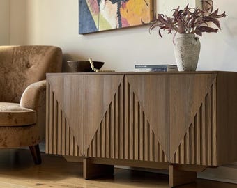 Mid Century Modern Sideboard Buffet Cabinet Fluted Credenza Storage Adjustable Shelves