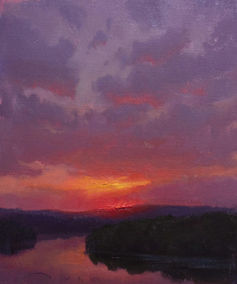 May include: Oil painting of a sunset over a river. The sky is filled with shades of purple, pink, and orange, with dark clouds and a bright sun. The river reflects the colors of the sky, and the foreground features a dark, silhouetted treeline.