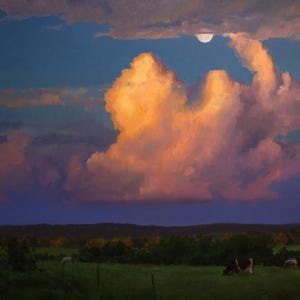 Moon Painting Landscape with Cows and Farm 30x40 inch