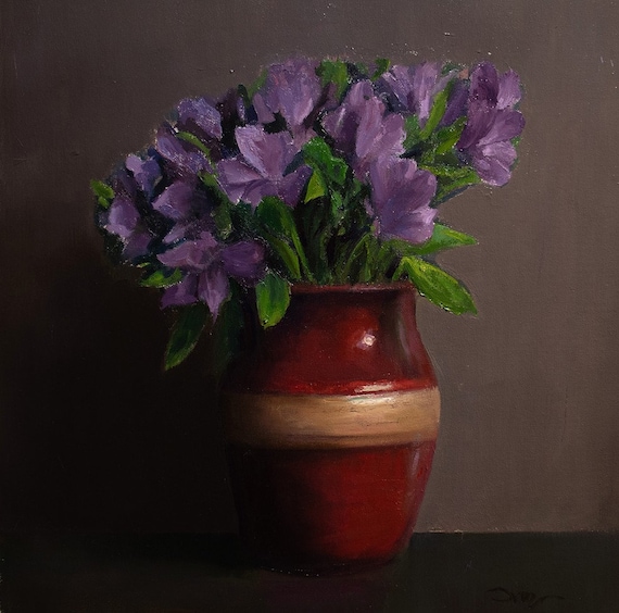 Still life painting of vase and purple flowers Oil on canvas panel 16x17inch