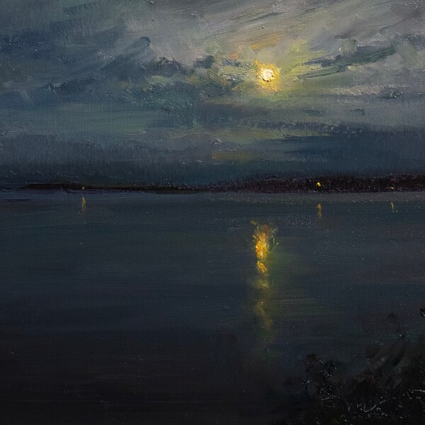 Original Oil Painting of Moon and Water 8x8 inch