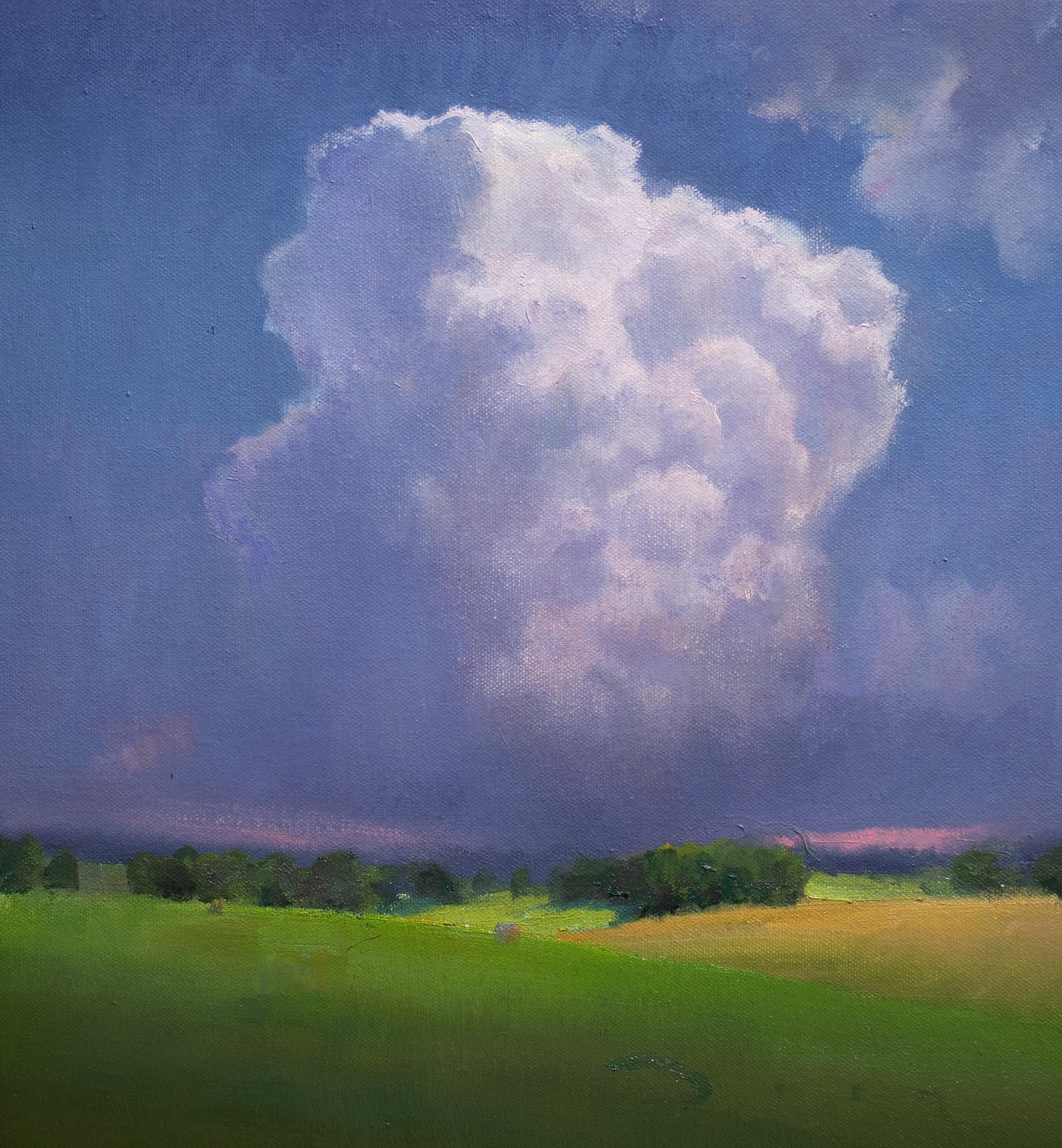 ORIGINAL painting towering CLOUDS thunderstorms above pasture landscape