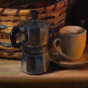 Still Life Painting of Countertop Clutter Coffee Morning 9x12 inch Oil Painting