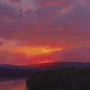 May include: Oil painting of a sunset over a body of water. The sky transitions from deep purple to vibrant orange and red. Silhouetted land and trees are visible in the foreground, with the water reflecting the colorful sky.