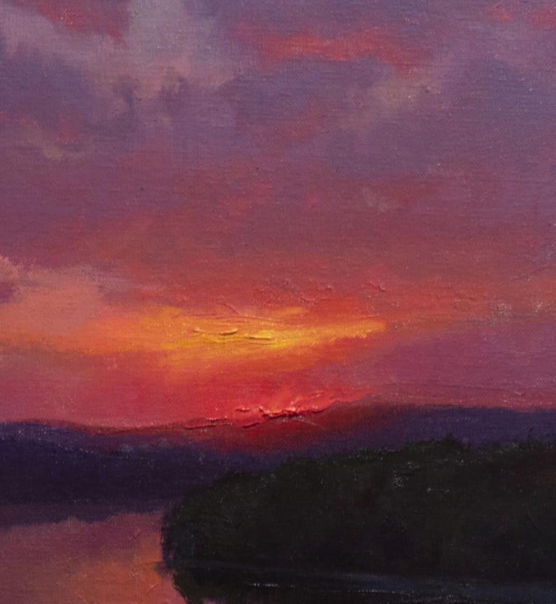May include: Oil painting of a sunset over a body of water. The sky transitions from deep purple to vibrant orange and red. Silhouetted land and trees are visible in the foreground, with the water reflecting the colorful sky.