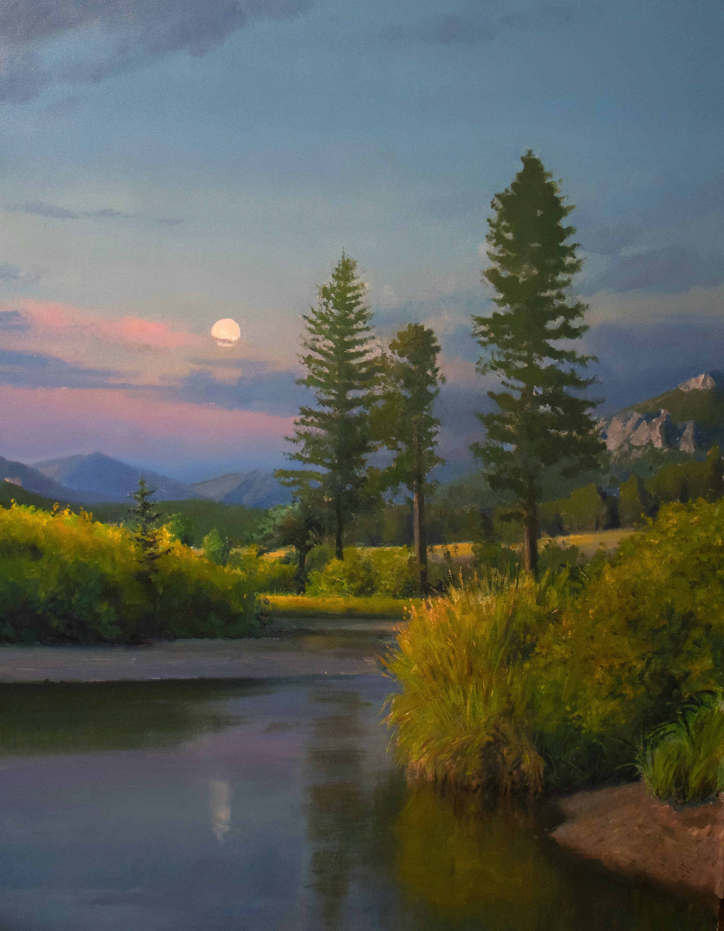 Large Original Mountain Landscape Oil Painting With Moon