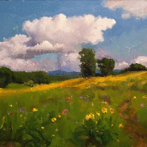 Impressionism Landscape painting of sunny day farmland 10x14 inch