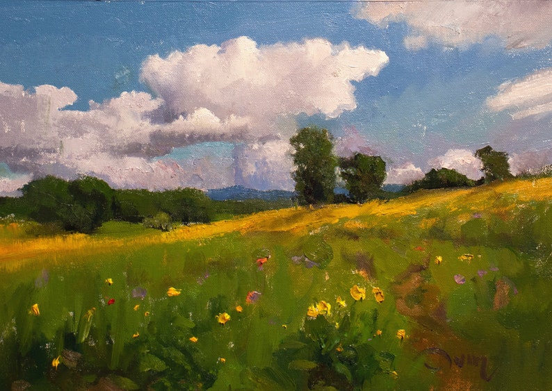 Impressionism Landscape painting of sunny day farmland 10x14 inch image 1