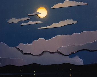 Original Wood Collage Sculpture with Oil Paint Moon Nocturne Landscape Painting 14x18 inch
