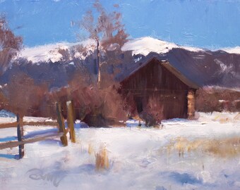 Snow Cabin in the Mountains Plein Air Painting Original Oil Painting 8x10 inch