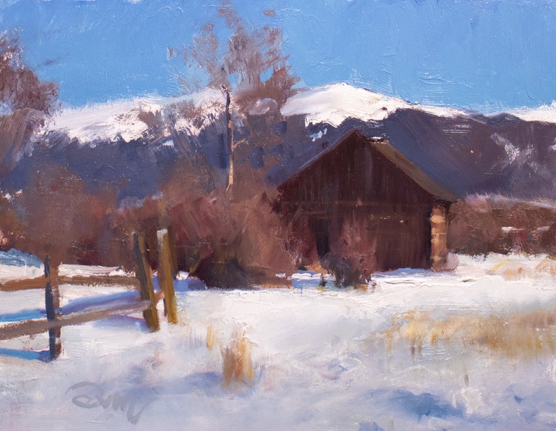 Snow Cabin in the Mountains Plein Air Painting Original Oil Painting 8x10 inch image 1