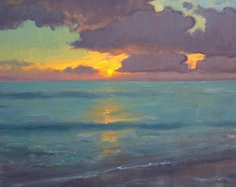 Idyllic Sunset Painting Ocean Oil Artwork