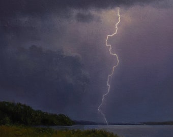 Oil Painting of Lightening Strike Landscape 11x13 inch on canvas panel