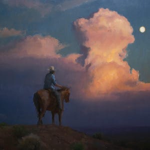 Cowboy and Moon Oil Painting Landscape Original Art 24x30 inch