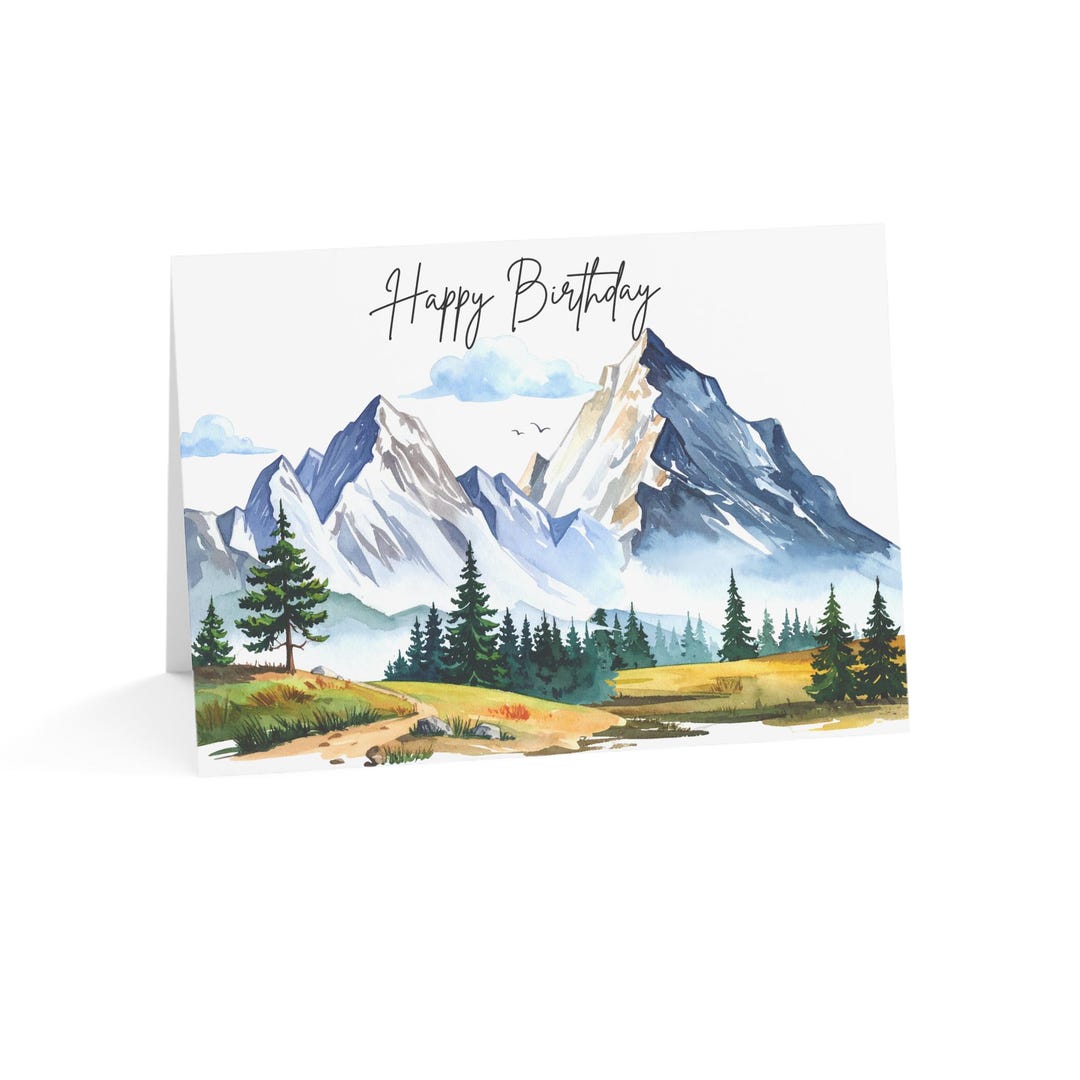 Mountain Landscape Birthday Greeting Card | Scenic Alpine Watercolor ...