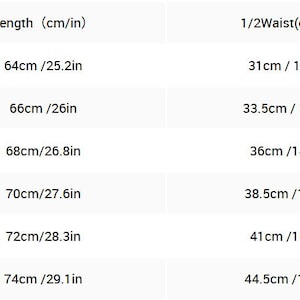 May include: A size chart with measurements in both centimeters and inches. The chart includes sizes S, M, L, XL, 2XL, and 3XL, with corresponding length, waist, and foot mouth measurements in inches and centimeters.