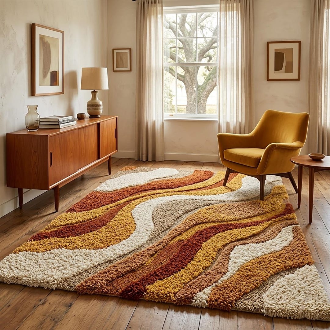 Organic Wavy Abstract Shag Rug | Earth Tone 70s Retro Ribbed Area ...