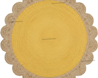 Yellow Jute Round Rug, Hand Braided Boho Welcome Mat
