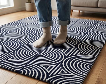 Hand Tufted Black White Wool Rug, Optical Illusion Geometric Carpet, Modern Op Art Decor