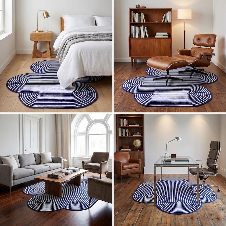 Pode incluir: Um conjunto de quatro tapetes azul marinho com um design de listras brancas curvas. Os tapetes, mostrados em diferentes c&ocirc;modos, incluindo um quarto e um escrit&oacute;rio, destacam sua versatilidade e est&eacute;tica moderna.