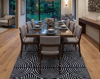 Black White Optical Illusion Wool Rug, Hand Tufted Geometric Spiral Area Carpet