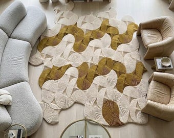 Tapete de lã abstrato irregular, textura esculpida moderna com efeito derretido orgânico, decoração boho em tons terrosos