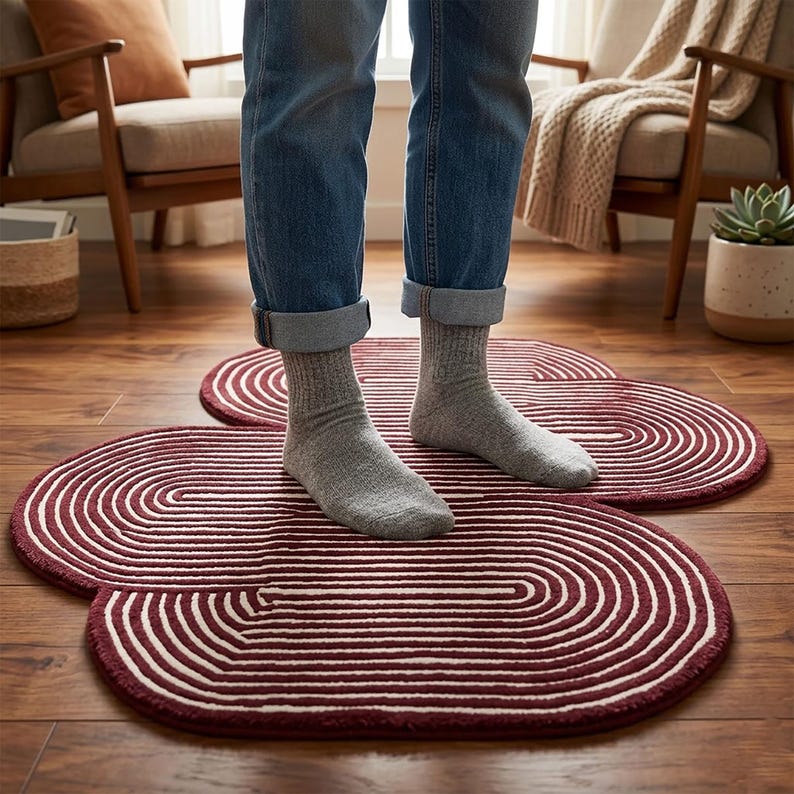 Pode incluir: Tapetes ovais listrados em vermelho e branco dispostos em forma de flor. Os tapetes, feitos de um material macio, s&atilde;o colocados em um piso de madeira. O design apresenta linhas conc&ecirc;ntricas.